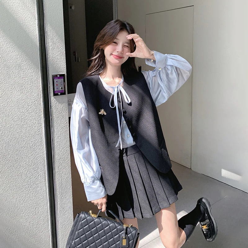 韩系学院风黑色盐系马甲套装女2025春新款小蜜蜂显瘦百褶裙二件套