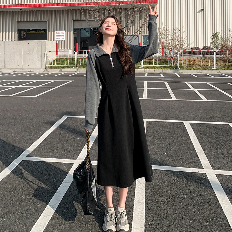 灰黑撞色设计感卫衣裙女2024秋季新款慵懒松弛感极简风收腰连衣裙