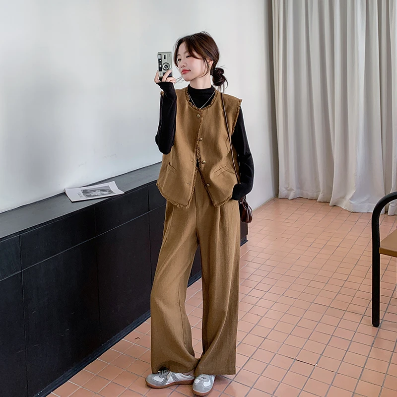 美拉德气质小香风马甲套装女2024秋季新款高级感休闲阔腿裤三件套