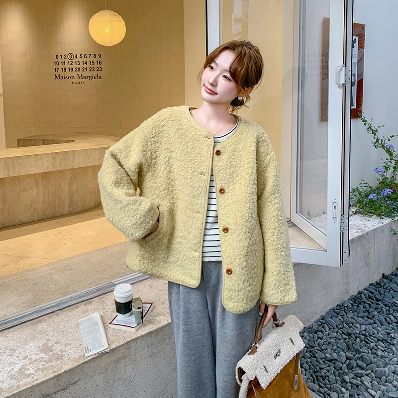 柠檬黄羊羔毛时尚外套女2024秋冬新款设计感休闲洋气减龄毛绒上衣
