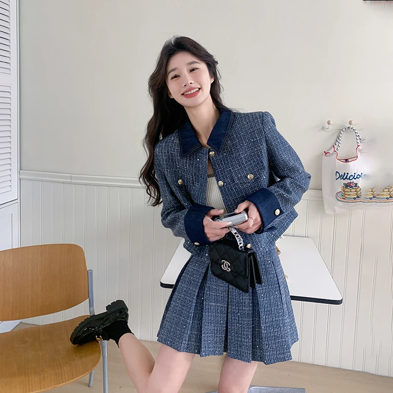 法式蓝色高级感超好看套装裙女2025秋新款小香风外套百褶裙两件套