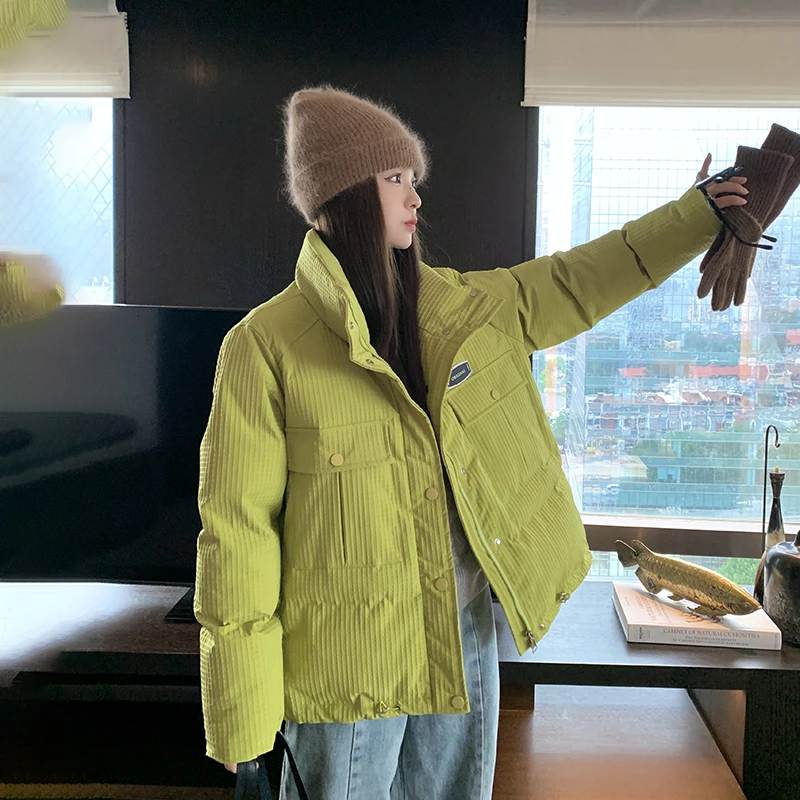 芥末绿华夫格羽绒棉服女2025冬新款韩系ins宽松短款棉衣棉袄外套