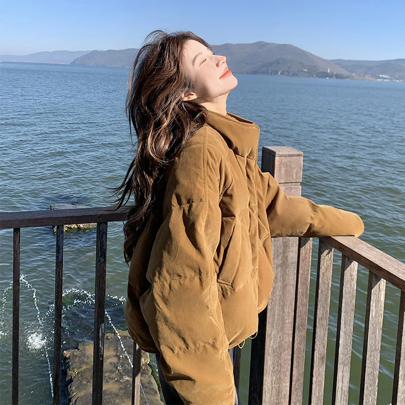 棕色美拉德丝绒立领羽绒服女冬新款小个子休闲加厚短款白鸭绒外套