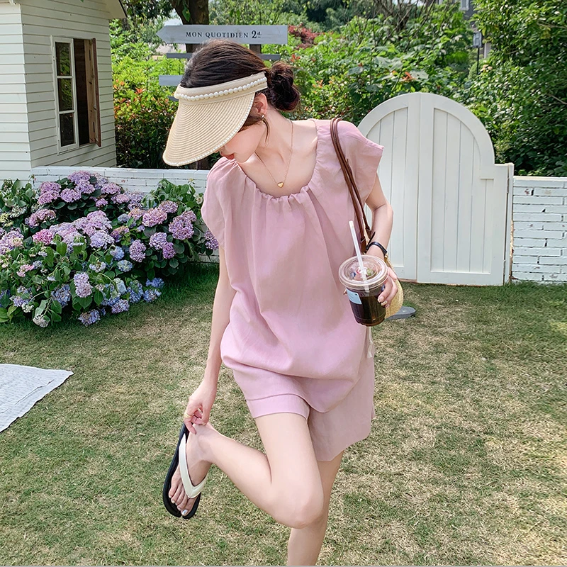粉色甜美少女减龄时尚套装女夏季韩版遮肉显瘦上衣阔腿短裤两件套