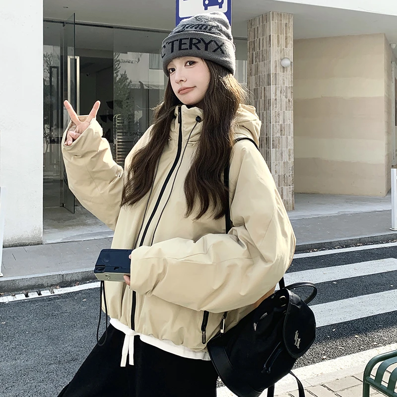 浅卡其工装派克羽绒服女冬季2024新款韩系保暖90白鸭绒超好看外套