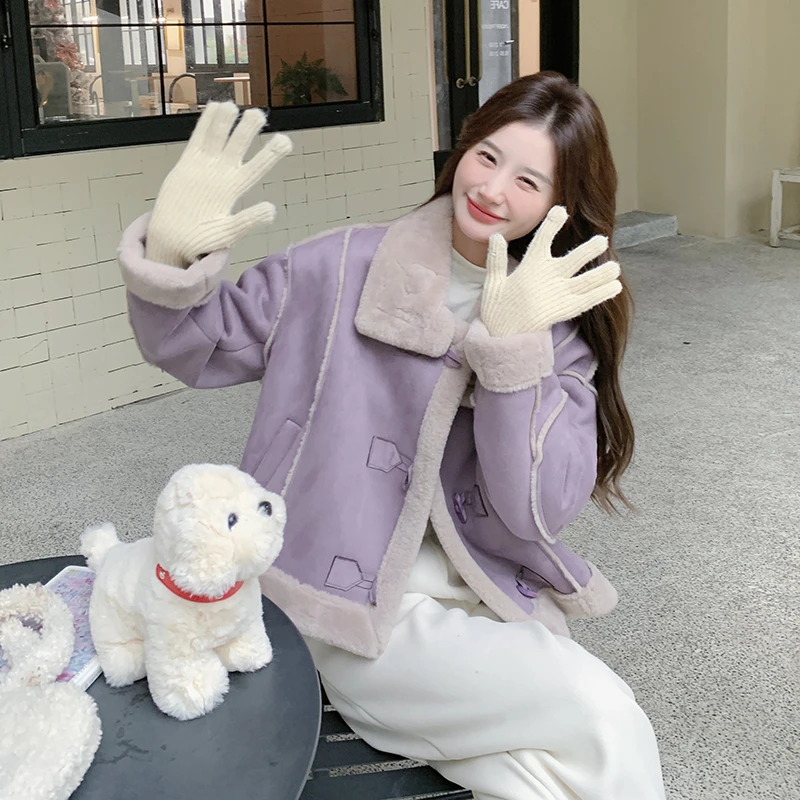 紫色牛角扣羊羔毛外套女冬季2025新款时尚感皮毛一体毛绒上衣爆款