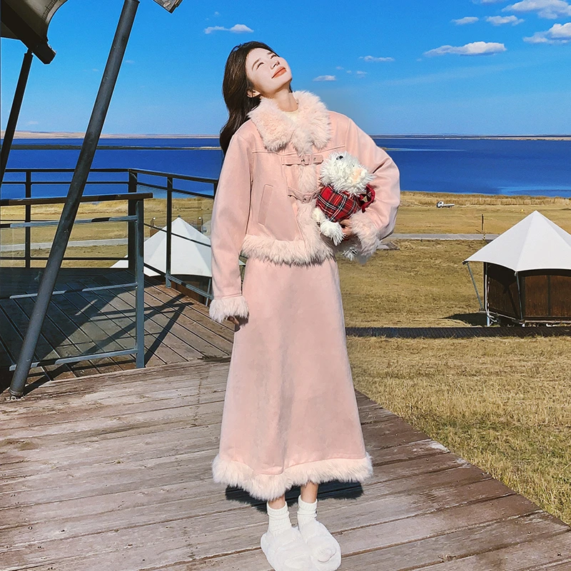 奶呼呼韩系减龄粉色皮绒套装裙2025春秋新款保暖毛毛半身裙两件套