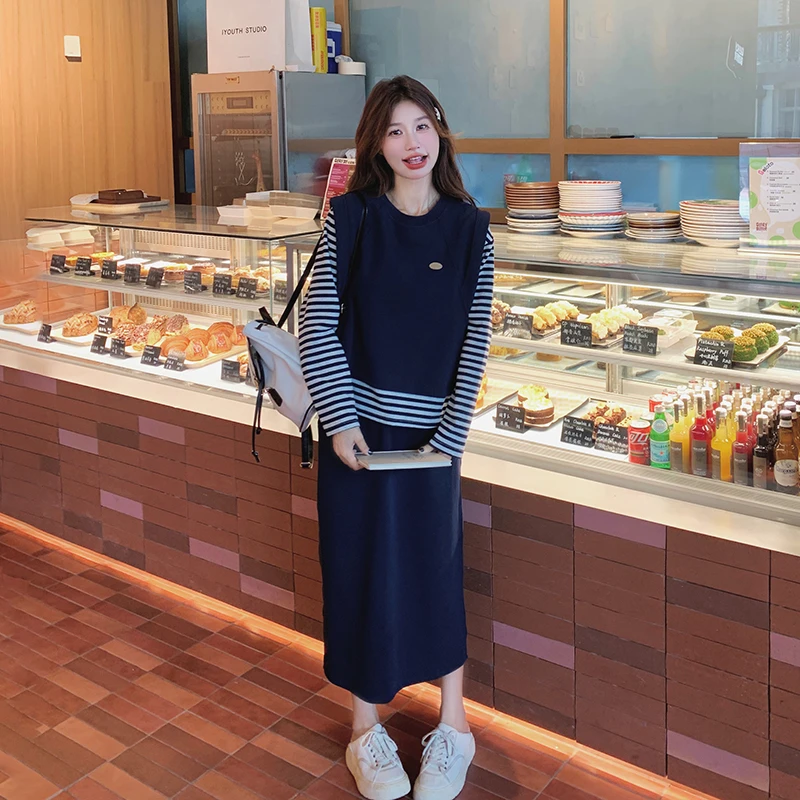 藏青色条纹卫衣套装裙女2025春季新款学院风减龄背心半身裙三件套