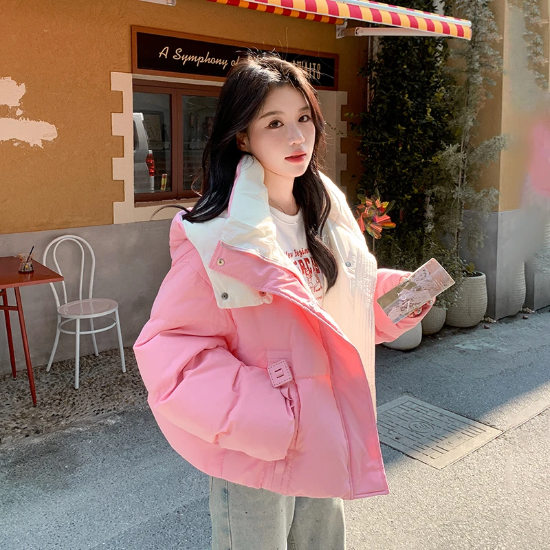 撞色设计粉色连帽短款羽绒服女冬季2024新款设计感面包服温柔风