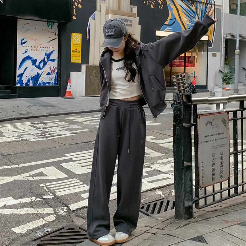 高级感灰色连帽卫衣套装女2024春秋季新款韩版宽松阔腿长裤两件套