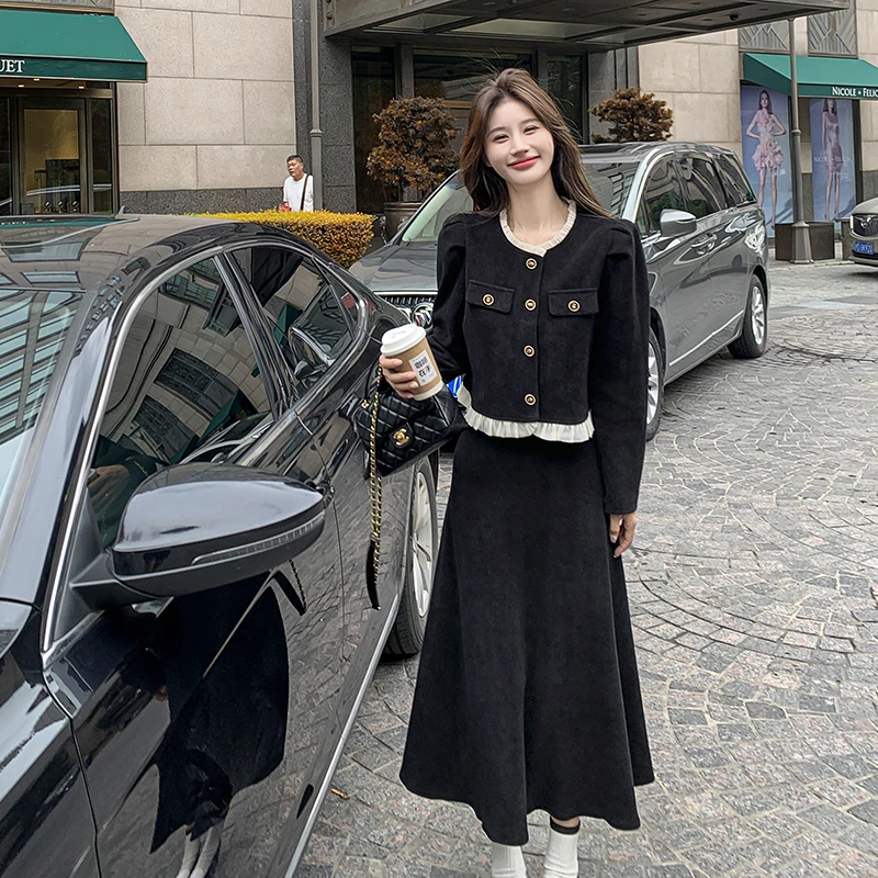 黑色灯芯绒小香风套装女秋季2025新款两件套流行轻熟风气质套装裙