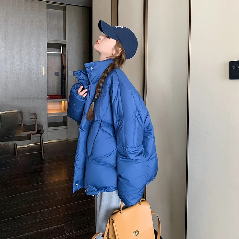 克莱因蓝短款羽绒服外套女冬2025新款韩系小个子大口袋立领面包服