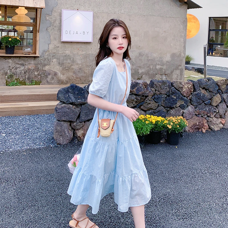 韩系奶甜裙子小个子清新温柔风蓝色收腰法式初恋连衣裙女夏季新款
