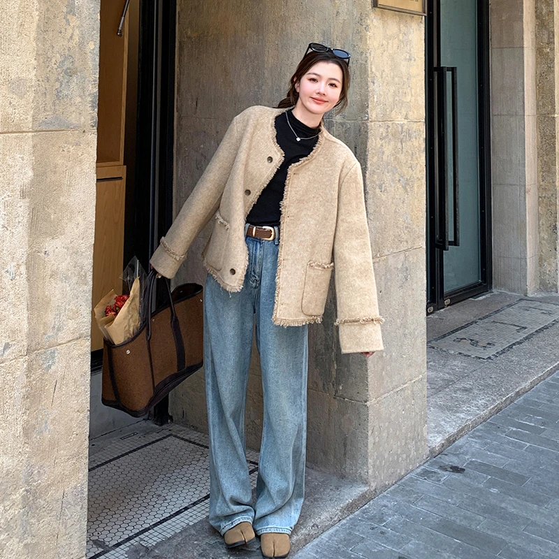 米白色双面羊绒小香风短外套女2025秋冬季休闲高级感气质显瘦上衣