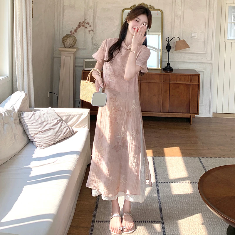 粉色新中式宽松连衣裙女夏季气质温柔风收腰显瘦改良旗袍A字裙子