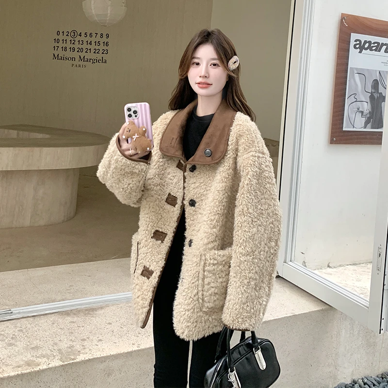 咖色两面穿立领皮毛一体外套女冬季2025新款麂皮绒羊羔毛加厚上衣