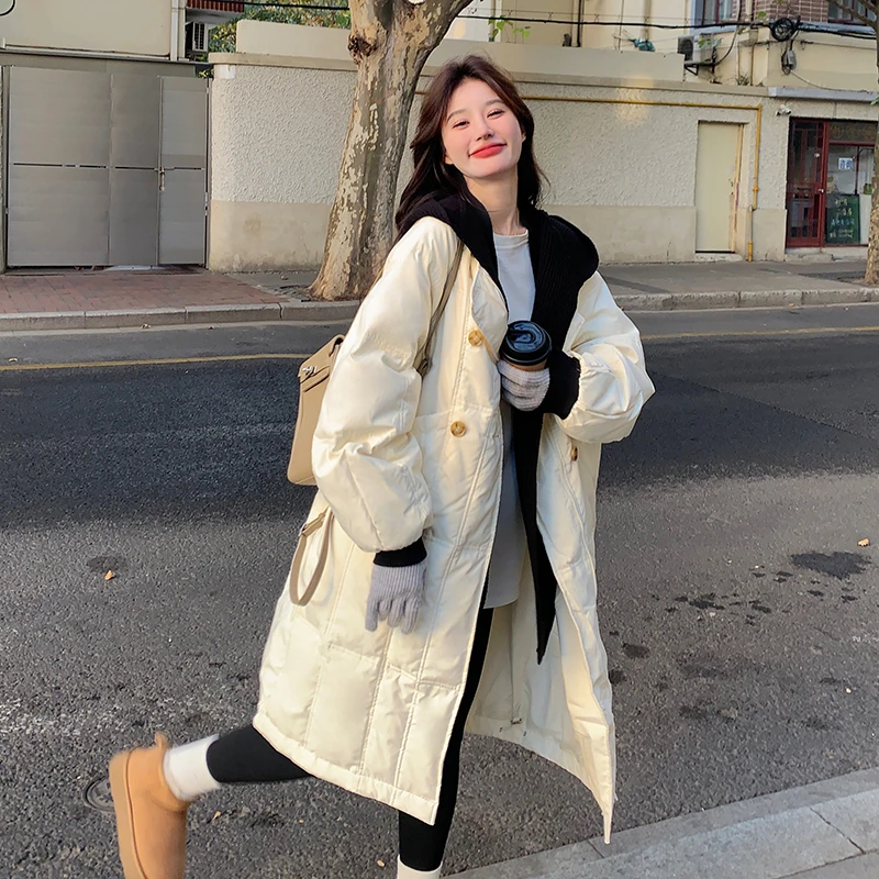 白色高级感针织帽拼接羽绒服女中长款2025冬新款韩版宽松加厚外套