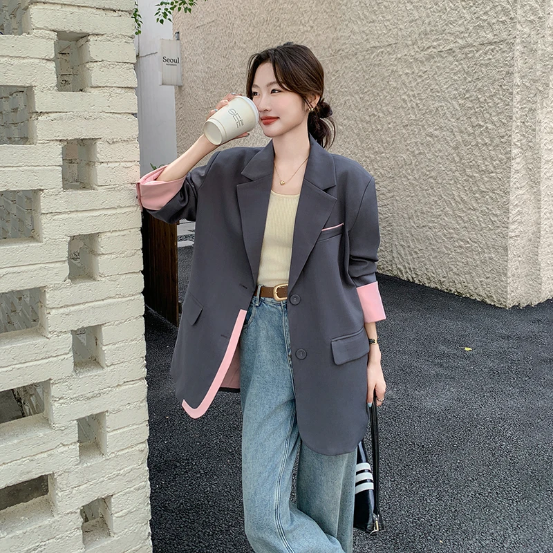 灰粉撞色拼接西装外套女2025春季新款时尚休闲宽松气质高级感西服