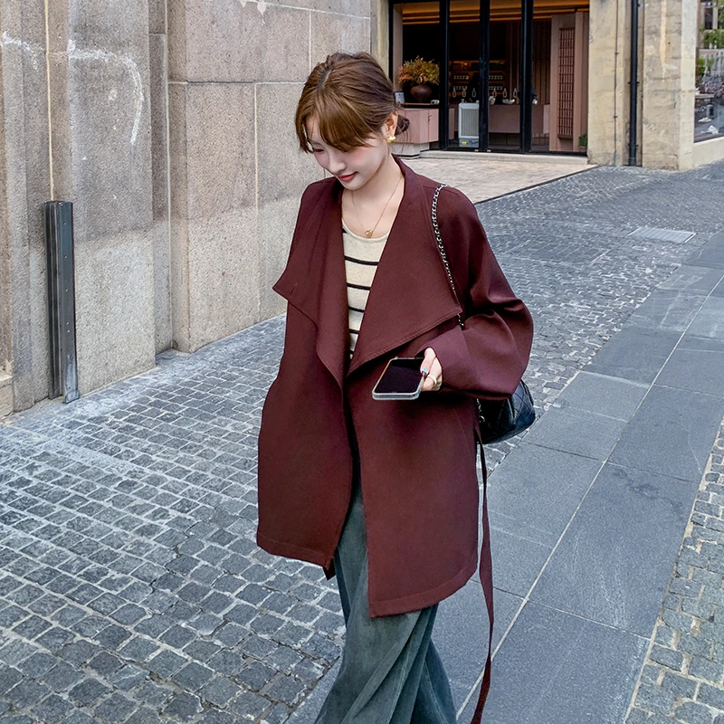 安可拉红高级感大翻领风衣外套2024秋季新款宽松小个子中长款大衣