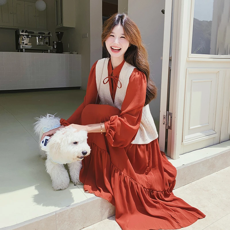 落日橘马甲衬衫长裙套装女2025秋季新款氛围感气质减龄宽松连衣裙