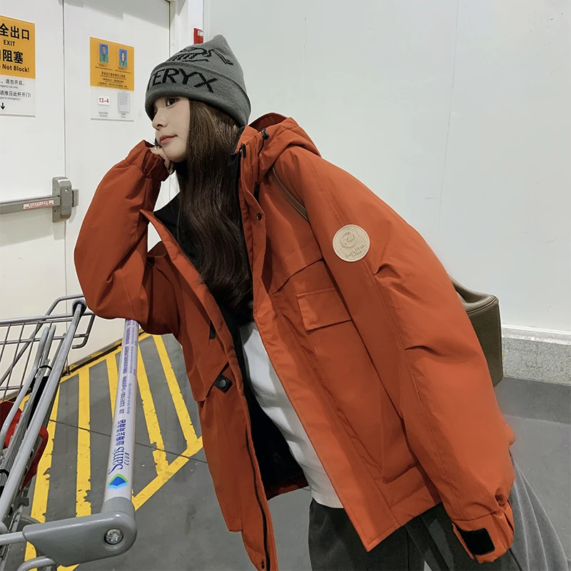 橘色工装连帽冲锋衣羽绒服女冬季2024新款韩系宽松加厚保暖派克服