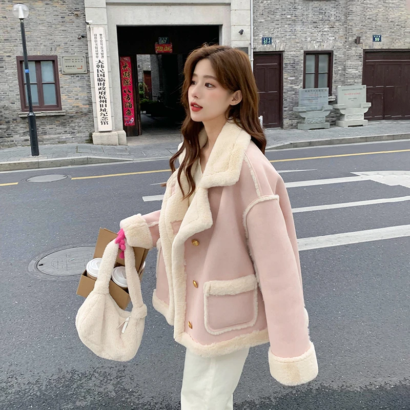 粉色小香风皮毛一体外套女2025年冬季新款爆款韩系加绒加厚机车服