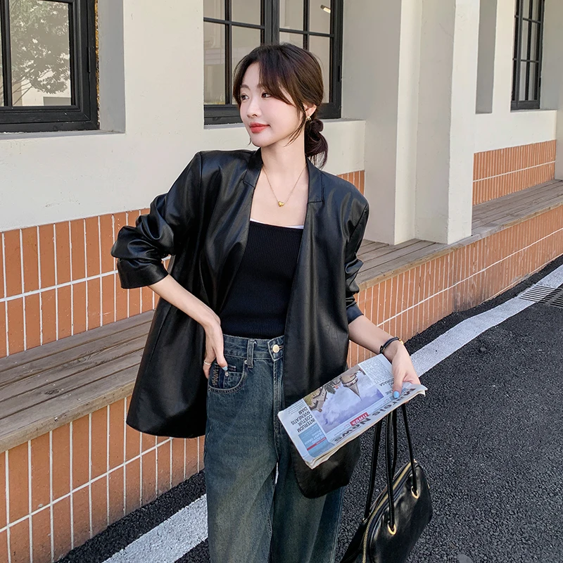 高级感黑色皮衣式西装外套女2025春季新款小个子洋气时尚炸街夹克
