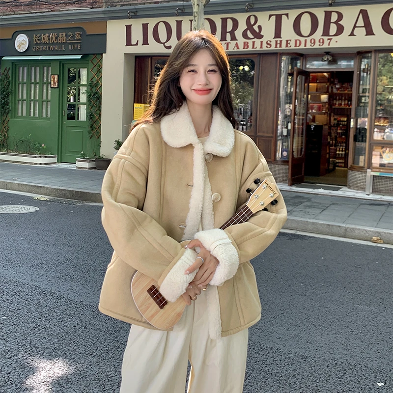 今年流行甜美麂皮绒皮毛一体羊羔毛短外套女冬新款小个子加厚棉衣