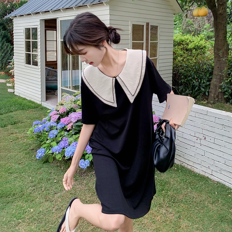 黑色法式学院风娃娃领宽松连衣裙女夏季韩版气质遮肉显瘦小黑裙子