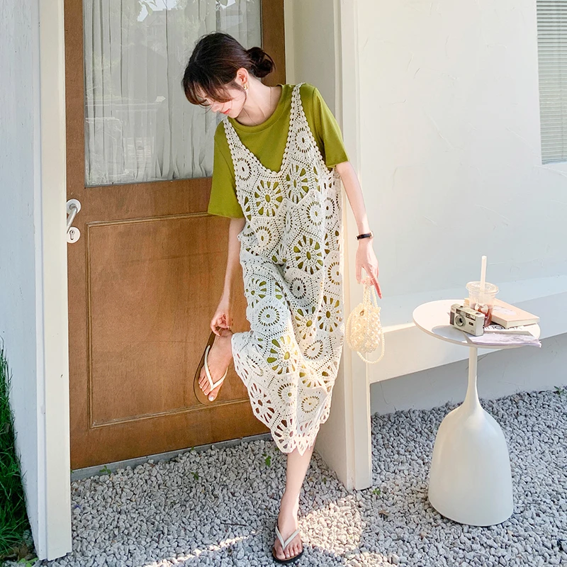 撞色设计感宽松连衣裙镂空花套装女夏季法式叠穿T恤裙针织吊带裙