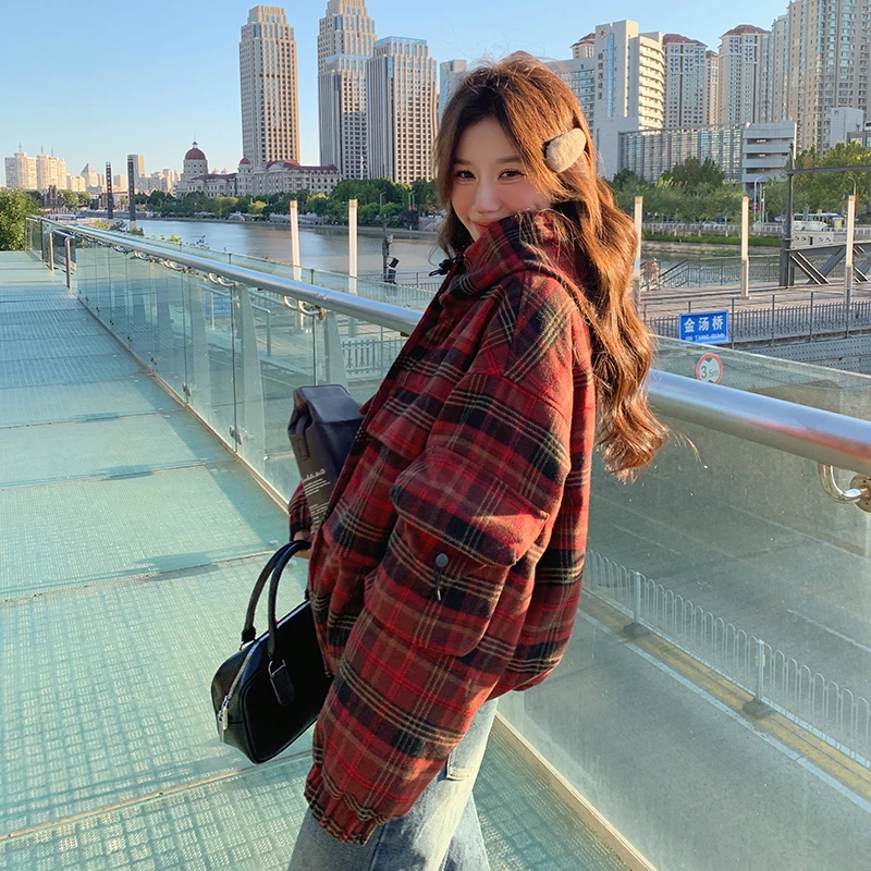 安可拉红格子羽绒服女2025冬新款超好看学院风短款厚外套流行爆款