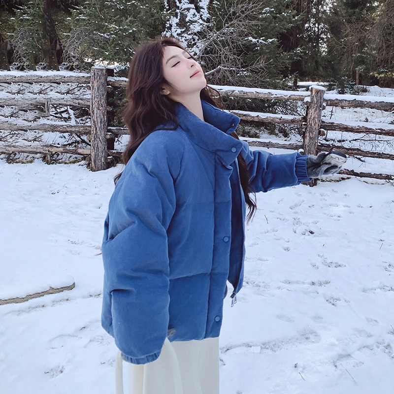 蓝色灯芯绒立领爆款白鸭绒羽绒服短外套女冬新款小个子加厚面包服