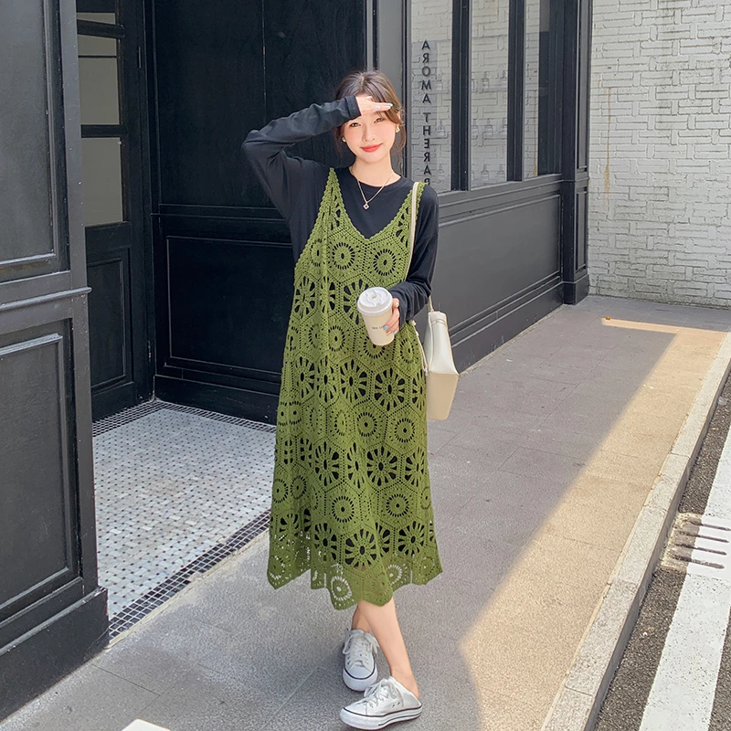 绿色镂空针织罩衫长裙套装2025秋新款减龄小个子宽松连衣裙两件套
