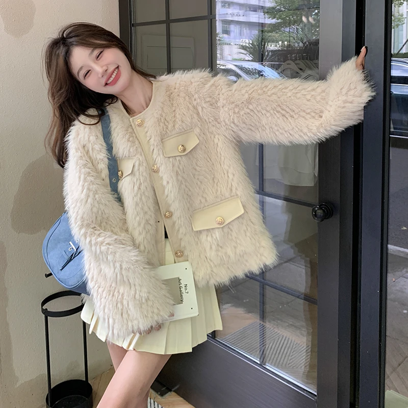 粉色小香风羽绒服女2024冬季新款韩版高级感小个子毛绒羊羔毛外套