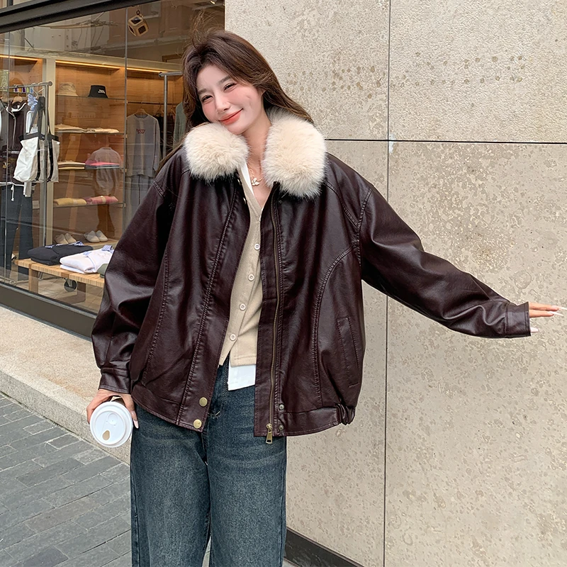 咖色大毛领派克棉服女冬2025新款小个子高级感加绒加厚皮衣厚外套