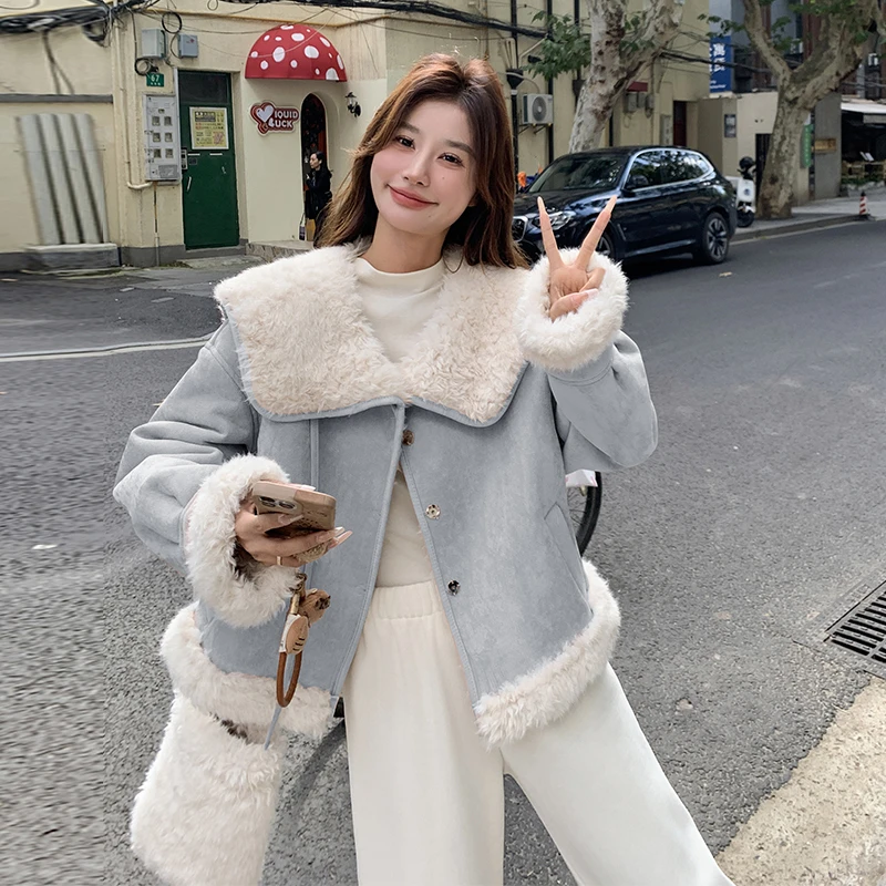 蓝色皮毛一体大翻领外套女短款2025冬新款小个子加绒加厚机车棉服