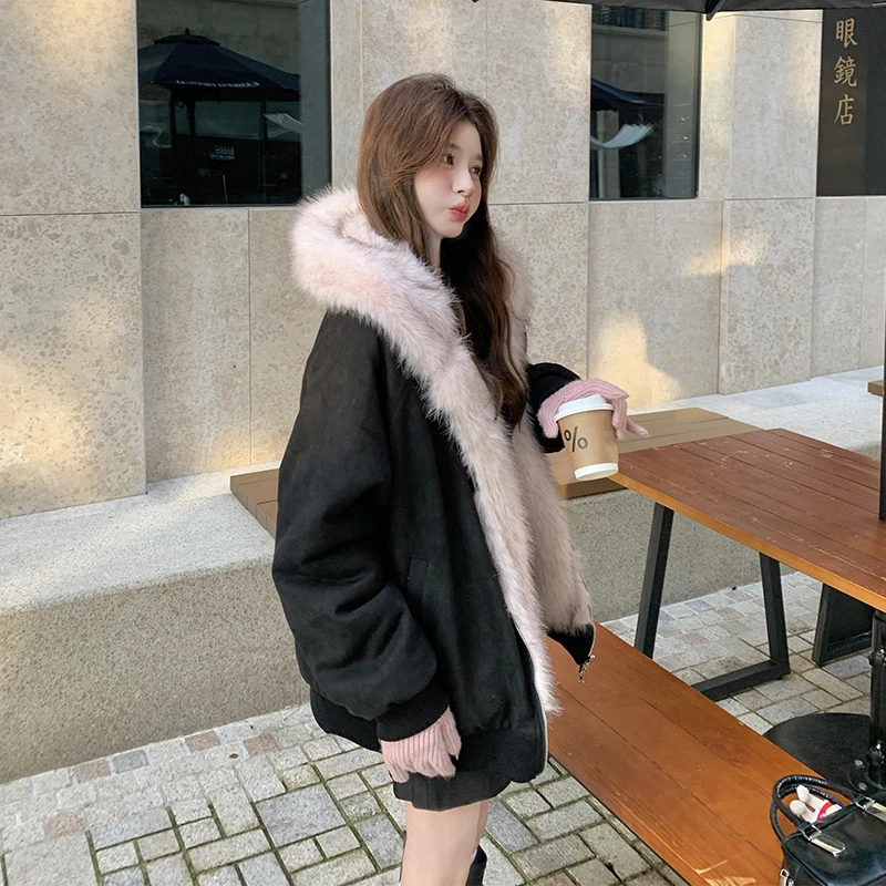 粉墨毛毛连帽工装外套女秋冬季美式复古慵懒正反两穿环保毛厚卫衣