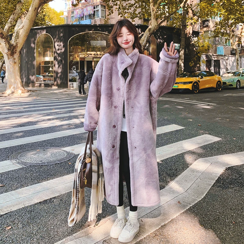 奶fufu双面穿灰紫色长款皮毛一体女2025冬新款超好看加绒保暖外套