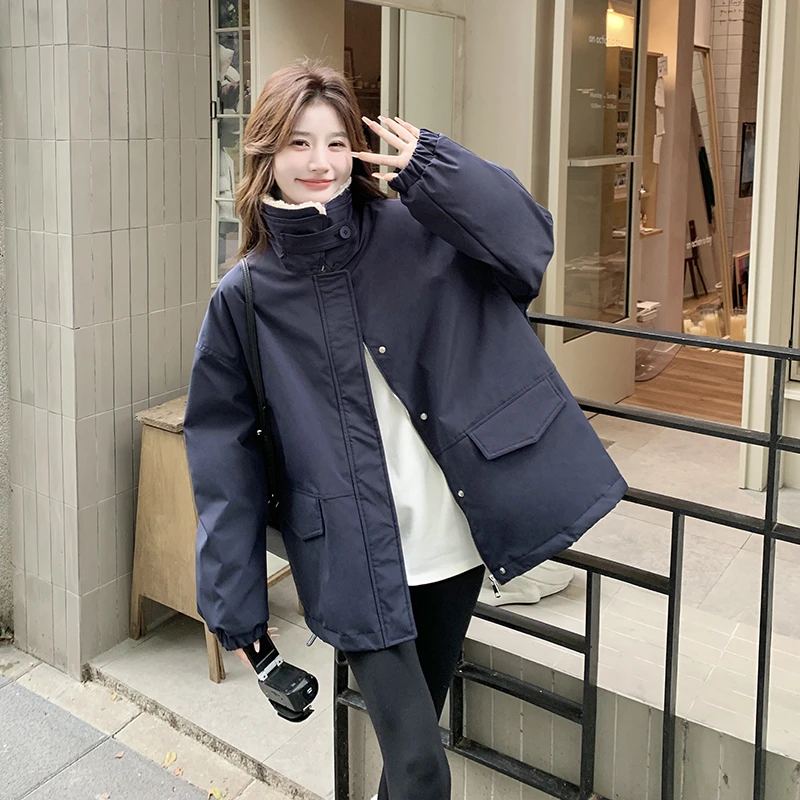 藏青色短款工装派克服羽绒服女2024冬季新款韩版爆款90白鸭绒外套