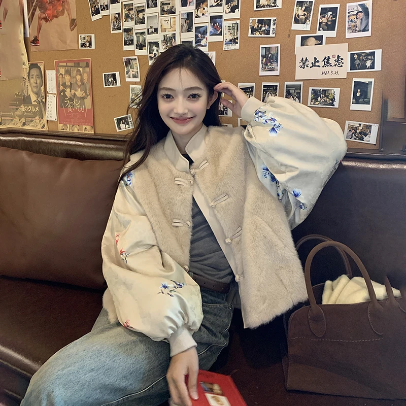 新中式设计感毛毛外套女2025冬季国风小个子宽松保暖盘扣短款大衣