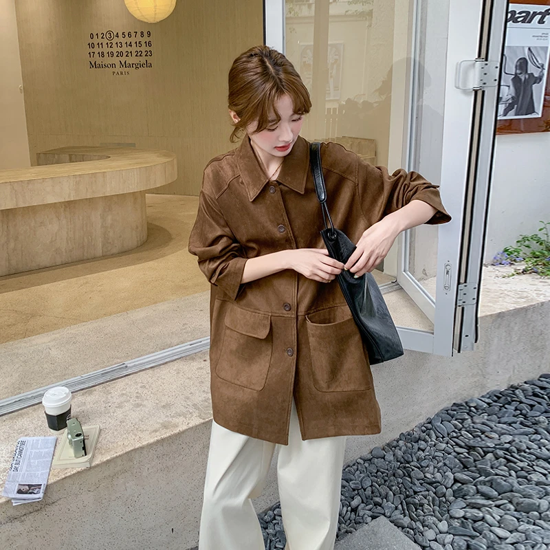 美拉德咖棕色麂皮绒外套女2025春季新款韩版宽松高级感工装上衣