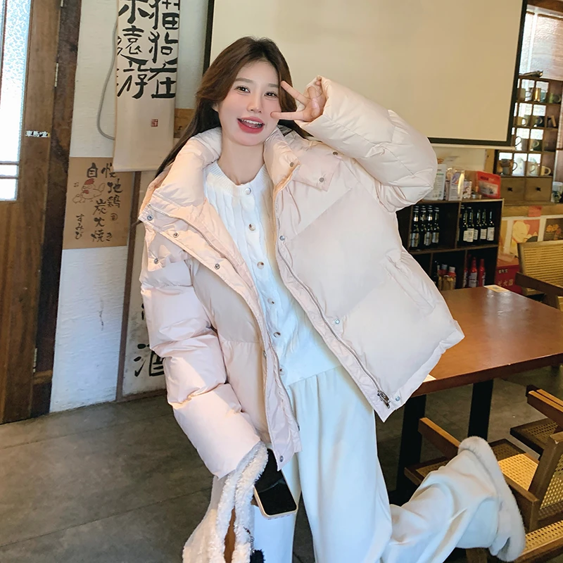 奶呼呼粉色连帽羽绒棉服女2025冬季新款韩系减龄短款棉衣厚外套