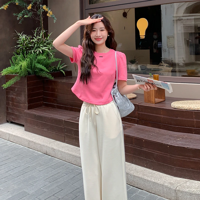 韩系休闲时尚套装女夏2024新款高腰显瘦粉色t恤阔腿休闲裤两件套