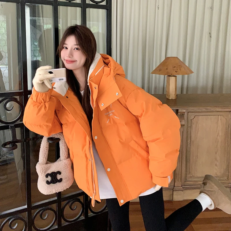 橘色连帽学院风短款羽绒服女冬2024新款小个子韩版宽松休闲面包服