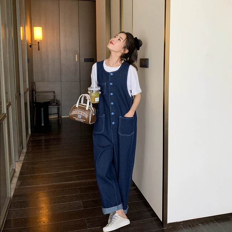 复古牛仔连体背带裤女2024年夏季新款韩版盐系薄款宽松显瘦阔腿裤