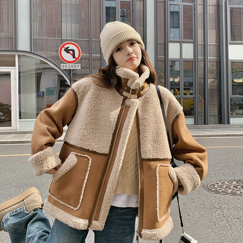羊羔毛拼接麂皮绒外套女2025冬季新款加厚保暖机车服皮毛一体棉衣