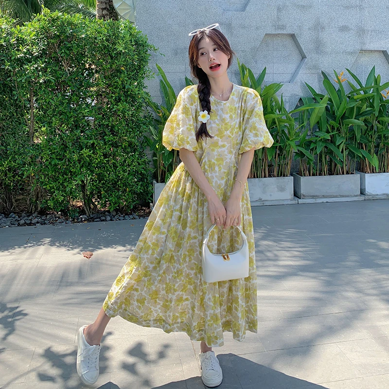 法式小清新泡泡袖宽松连衣裙女夏季网红薄款碎花裙甜美温柔初恋裙