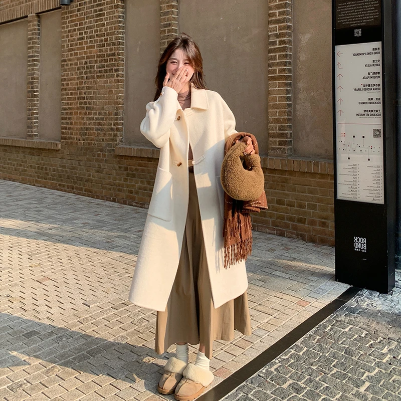 韩版灯笼袖双面羊毛大衣女2024秋冬新款宽松气质中长款羊毛呢外套