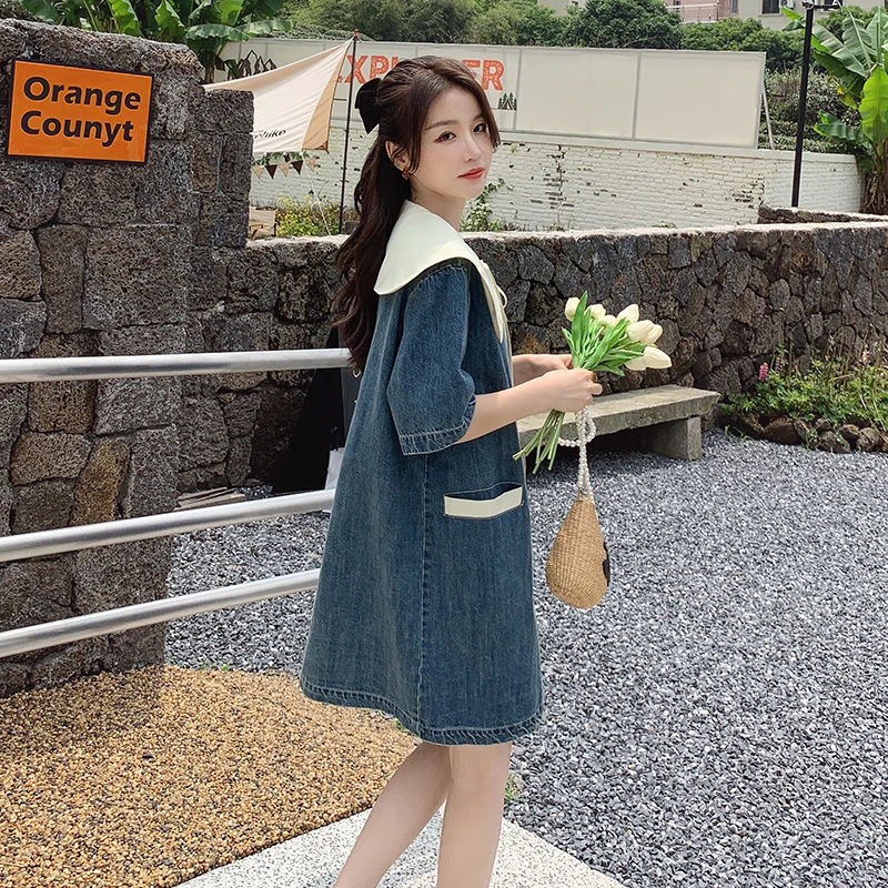 法式复古牛仔娃娃领宽松连衣裙女夏季小个子减龄韩版少女A字裙子