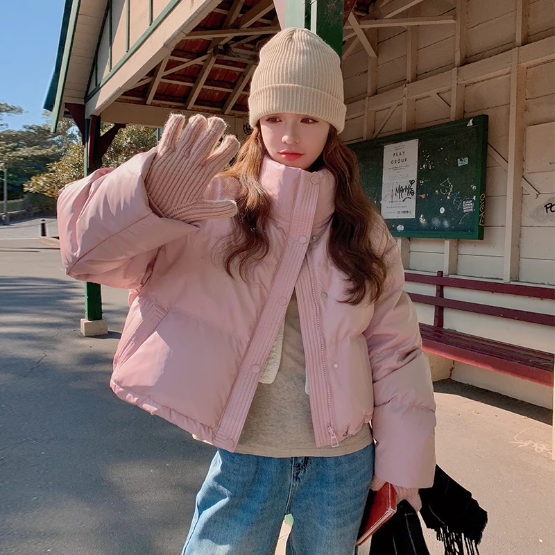 粉色立领蛋白皮羽绒服女短款2025冬新款小个子流行洋气保暖厚外套